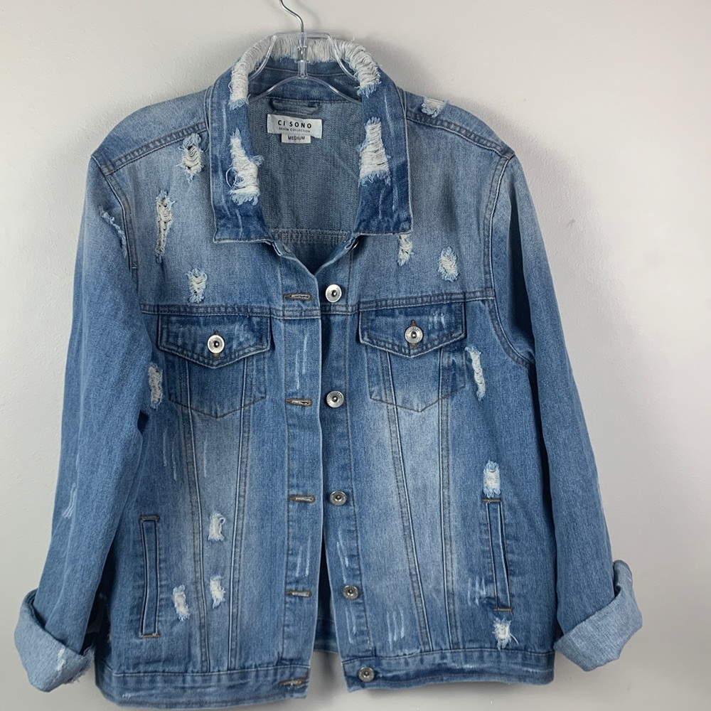 Ci Sono Deconstructed Denim Boyfriend Jacket Intentionally Distressed - Picture 4 of 9